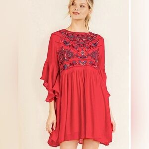 Umgee • Red Embroidered Boho 3/4 Flare Sleeve Mini Dress • Size S • EUC